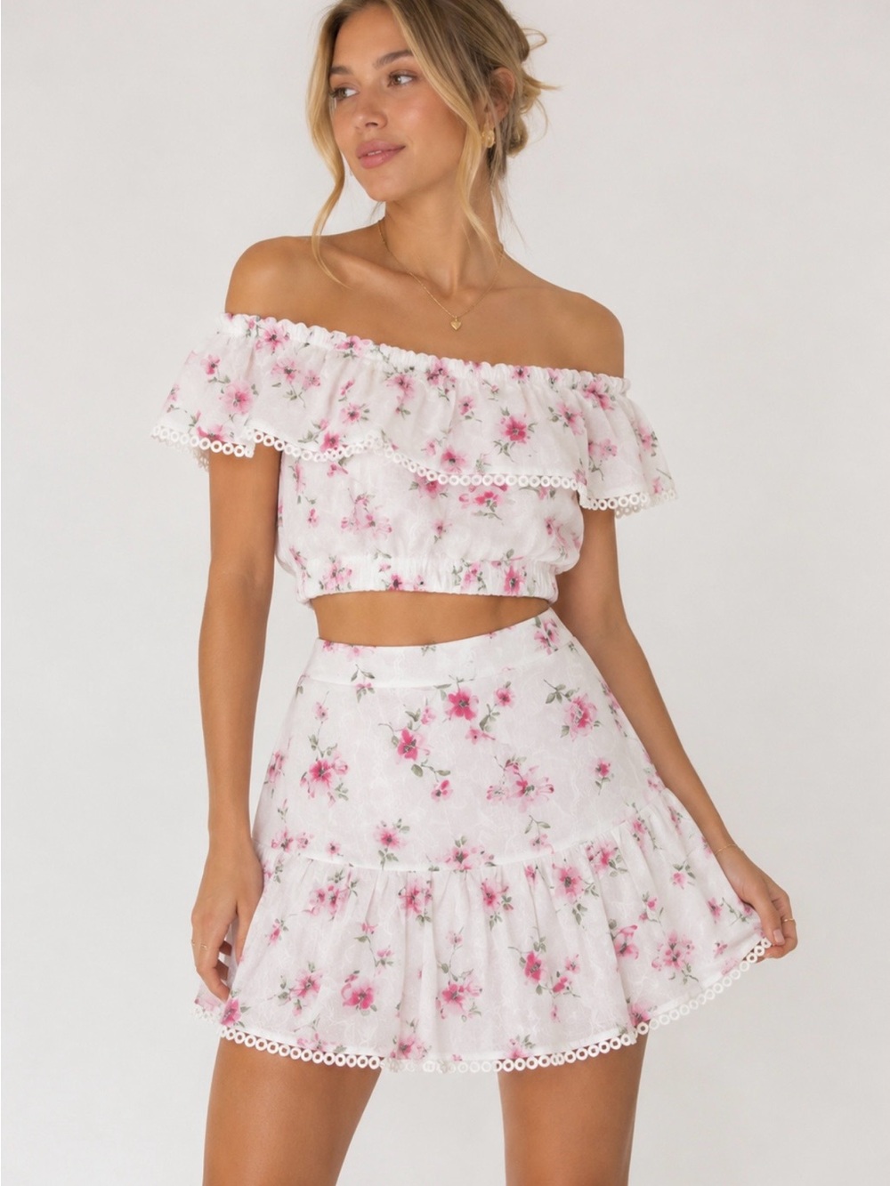 Forever 21 Eyelet Two-Piece White Delocate Floral Off-Shoulder Top & Skirt Set